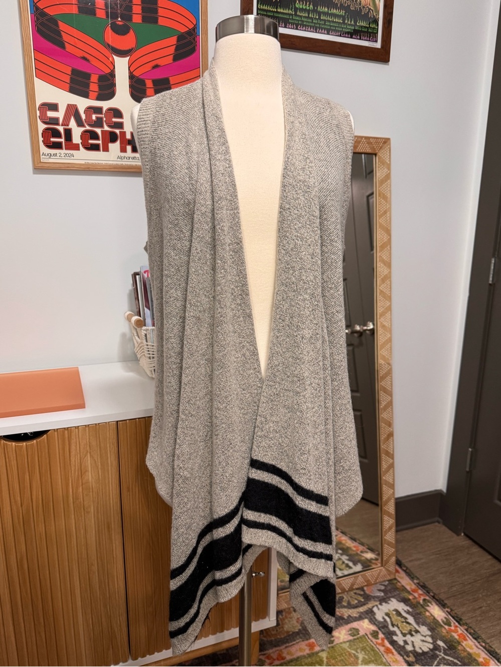 Banana Republic Gray Draped Open-Front Sweater Vest w/ Black Stripes